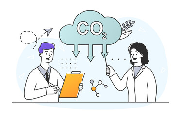 Scientists study CO2. Two characters analyze chemical elements and compounds. Pictures for school textbooks. Minimalistic images. Cartoon flat vector illustration isolated on white background