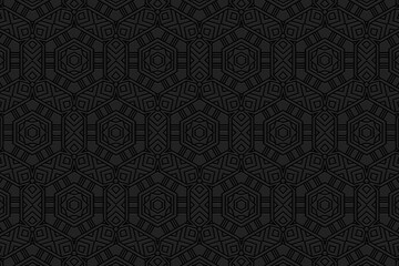 3D volumetric convex embossed geometric black background. Ethnic pattern. Abstract ornament. Texture in the style of arabesque. Oriental, Asian, Indonesian, Mexican, Aztec motives