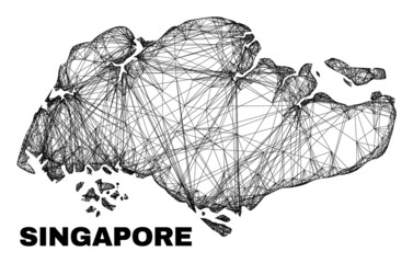 Wire frame irregular mesh Singapore map. Abstract lines are combined into Singapore map. Wire frame 2D net in vector format. Vector carcass is created for Singapore map using crossing random lines.