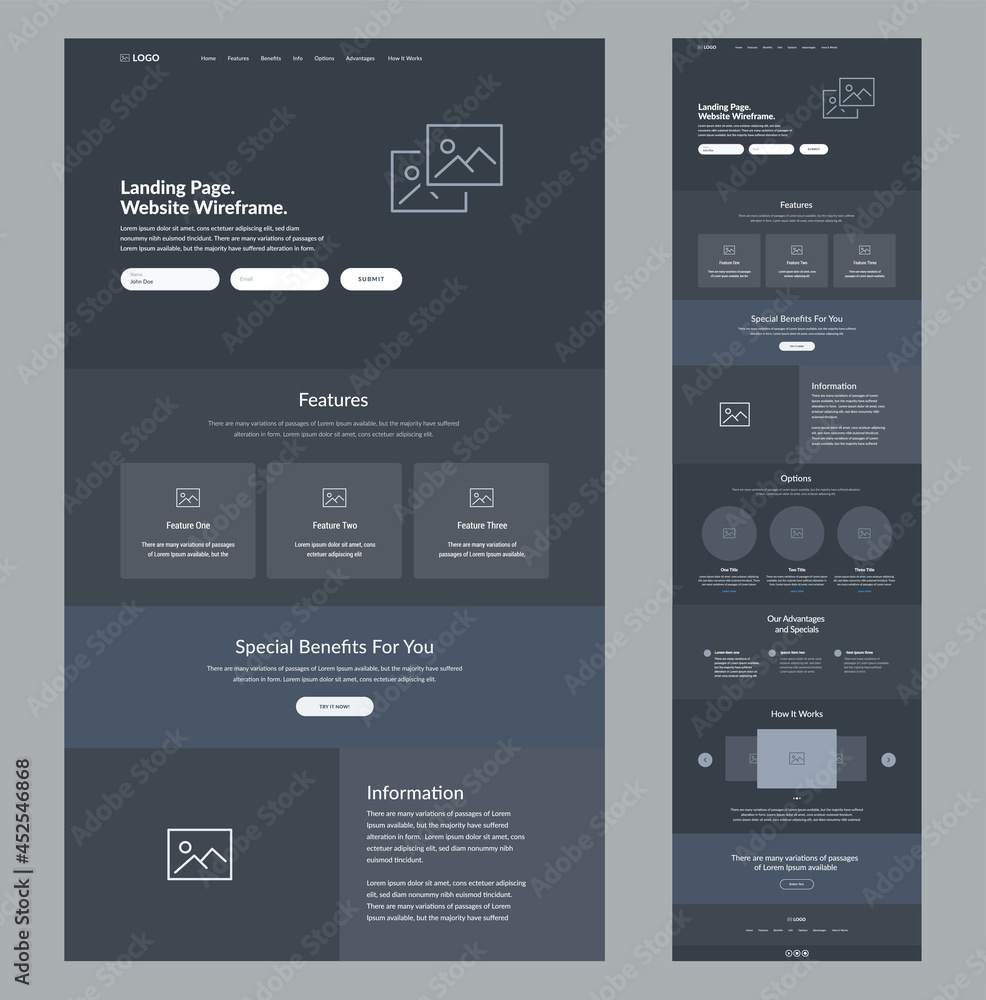 Poster website wireframe landing page. dark design template for business. one page site layout interface. m