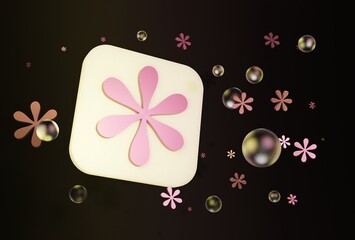3D 6 pink petaled flower app icon on black background with pink flowers and glass beads
