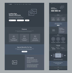 Website wireframe landing page. Dark design template for business. One page site layout interface. Modern responsive design. UX UI elements: home, features, specials, information, options, advantages.