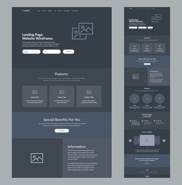 Website wireframe landing page. Dark design template for business. One page site layout interface. Modern responsive design. UX UI elements: home, features, specials, information, options, advantages.