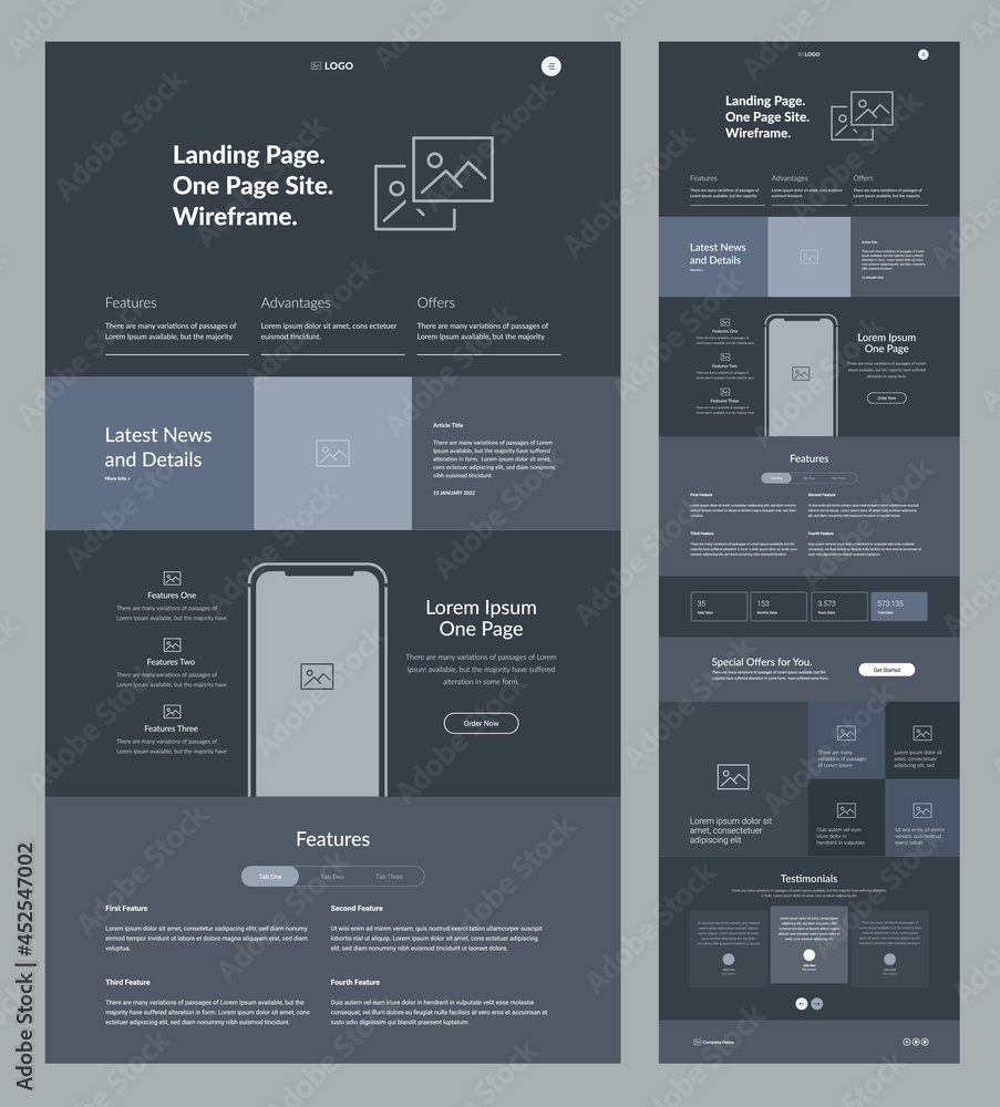Sticker website wireframe landing page. dark design template.