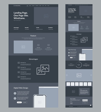 Landing wireframe. Dark design for business. One page website layout template. Modern responsive UI UX site design.