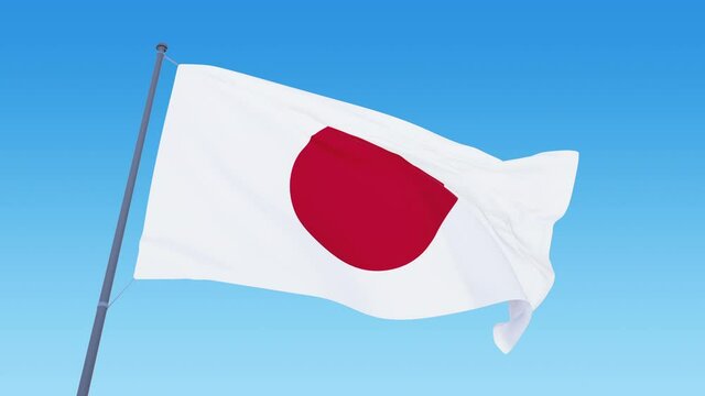 Japanese flag video. 3d ensign of Japan loop footage at day light blowing close up in Ultra HD 4k resolution, 24 FPS on blue sky background with copy space.