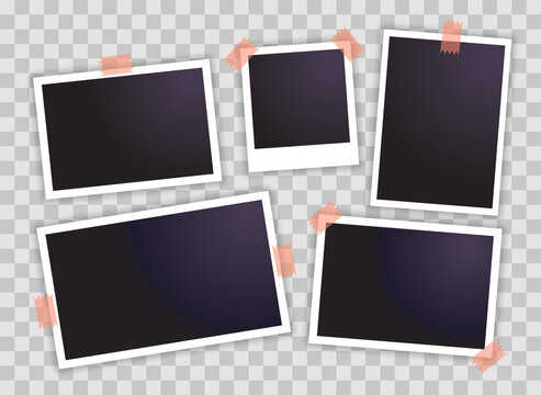 Polaroid photo frames. Photos fixed on tape. Mockups isolated on a transparent background. Realistic contemporary empty templates. Design elements for social networks, posters and website