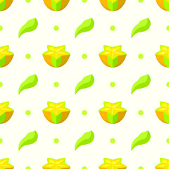 Seamless Pattern Abstract Elements Fruits Food Carambola With Leaves Vector Design Style Background Illustration Texture For Prints Textiles, Clothing, Gift Wrap, Wallpaper, Pastel