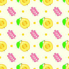 Seamless Pattern Abstract Elements Fruits Food Quince With Leaves Vector Design Style Background Illustration Texture For Prints Textiles, Clothing, Gift Wrap, Wallpaper, Pastel
