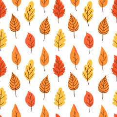 Botanical seamless pattern with various orange and yellow autumn leaves. Vector hand-drawn illustration in cartoon flat style. Perfect for cards, wrapping paper, textile, print, decorations.