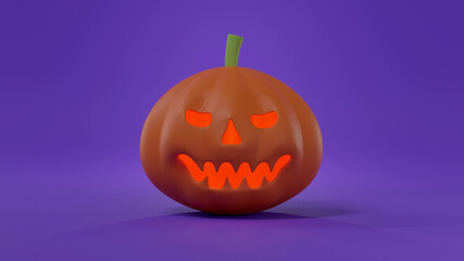 scary face Halloween pumpkin with light illuminated or jack o lantern on purple background, 3d render