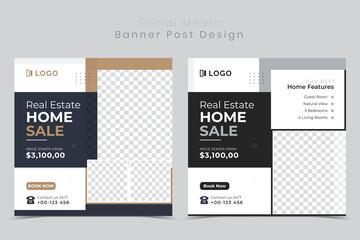 Social media post for Real estate square editable banner template. Minimalist design Set.