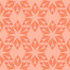 Seamless pattern with a pattern of the silhouette of tulips and leaves. Design in coral, orange for printing, packaging, fabric. Electric Tangerine. Damascus styling. Vector illustration