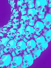 Fototapeta na wymiar Wall of skulls in cartoon art style on violet background. 3d rendering digital illustration background