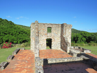Martinique, the picturesque Dubus castle ruin in West Indies. Ruins of a 17th-century Chateau Dubuc in Trinite, Martinique, France. Colonial ruins landscape.