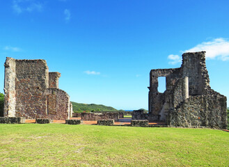 Ruins of Dubuc castle with green grass and blue sky (National Heritage of France), Tartane,...
