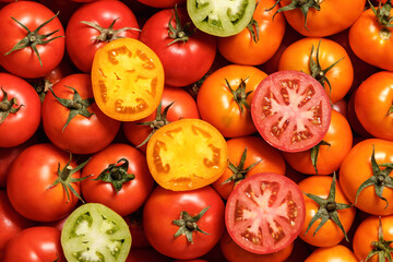 Ripe red and yellow tomatoes. Food background. Top view.