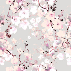 Abstract seamless floral print drawn exotic flowering branches. Beautiful print for decoration of textiles and design. Light pastel art background.