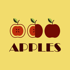 set of apples with leaf half whole and sliced with text vector illustration