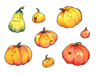 set of watercolor elements - funny pumpkins on a white background