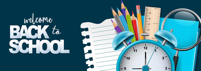 School banner or header. Stationery supplies on blue background with lettering. Realistic 3d vector illustration.