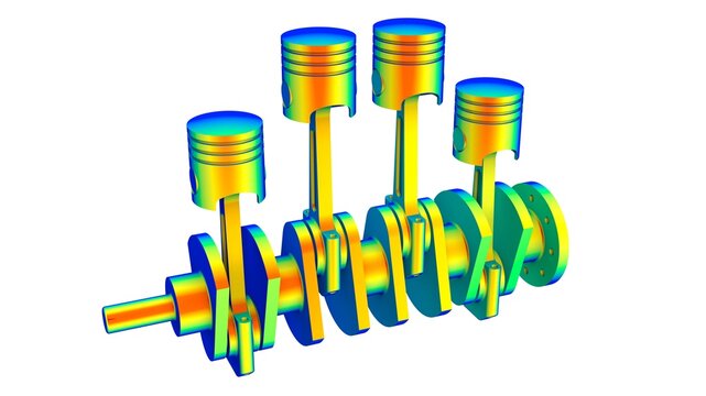 3d illustration. Von Mises stress isometric view of car 4 Cylinder Engine.