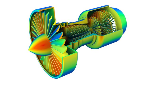 3d illustration. Von Mises stress isometric view of turbine engine plane.