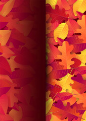 Autumn flyer with red and orange leaves on red background. Vector illustration.