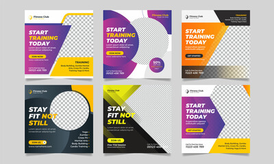 Fitness gym social media post set fitness studio promotion square banner template