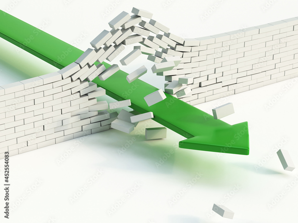 Wall mural arrow breaking brick wall abstract 3d illustration - power solution concept - infiltration - success