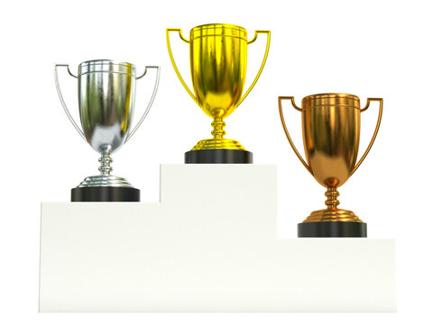 Golden, silver and bronce trophies on  champion podium, first, second and third prize 3d rendering