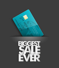 Biggest sale ever & credit bank card banner. Abstract sale background with plastic card icon. Advertising discount sale poster. online banking tag, Promotional Internet shopping sale brochure