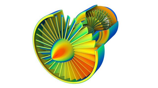 3d illustration. Von Mises stress isometric view of turbine engine plane 2