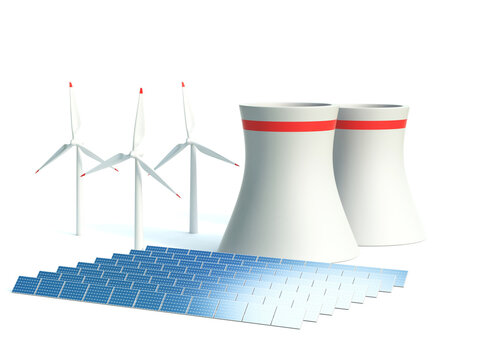 Alternative energy 3d concept - Wind power station nuclear power plant and solar panels against white background 3d rendering