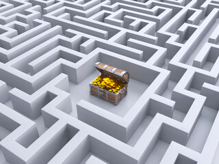 Treasure chest inthe middle of the maze, success 3d concept, 3d rendering - obrazy, fototapety, plakaty