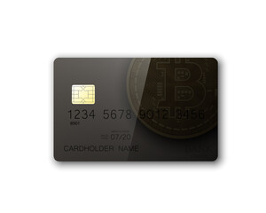 Credit card HUD Golden bitcoin. Digital currency money. Technology credit card bitcoin mining worldwide. Web banner golden bitcoin plastic card. Physical bit coin. Cryptocurrency electronic coin money