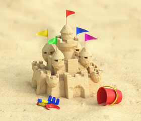 Fototapeta na wymiar Sand castle with kids sand toys set 3d rendering