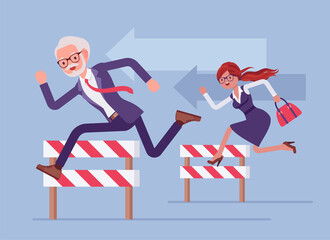 Business people running over barrier, try to overcome difficulties, obstacles. Office senior and young rivals, manager competitors, strong employees for achievement, to win. Vector illustration