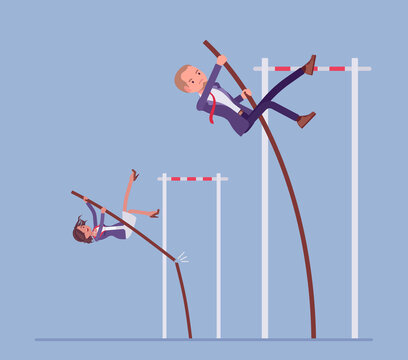 Business competitors attempt to vault over high bar with pole. Office managers, strong record breakers try to overcome difficulties and obstacles, solve problems in big jump. Vector illustration