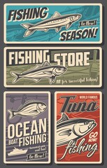 Fishing retro banners, vector horse mackerel, gilt head bream, anchovy and tuna fish. Fisherman equipment store. Ocean boat fishing, rods or spinning with hooks and floaters shop vintage cards set