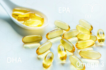 omega 3 fatty acids epa dha capsules fish oil in a spoon close-up