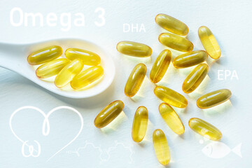 omega 3 fatty acids epa dha capsules fish oil from the liver in a spoon close-up