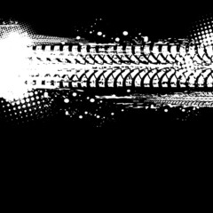 Grunge tyres tracks, car wheel trace and bike dirty tread. Vehicle dirty rubber marks, car skid or bicycle vector trails. Motocross motorsport, rally off road racing background with mud splatters © Vector Tradition