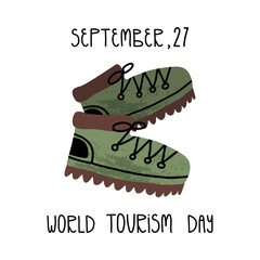 World Tourism Day card. The alpinist, track, tourist boots with texture. Active sport, outdoor pastime.