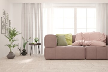 Modern living room in white color with sofa. Scandinavian interior design. 3D illustration