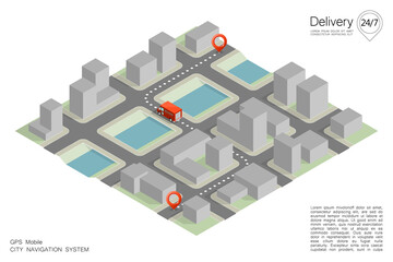 Isometric city map navigation, point markers background, isometry drawing schema, 3D simple city plan GPS navigation, final destination arrow paper city map. Route delivery check point graphic