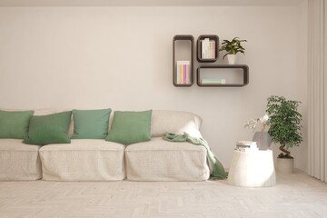 White living room with sofa. Scandinavian interior design. 3D illustration