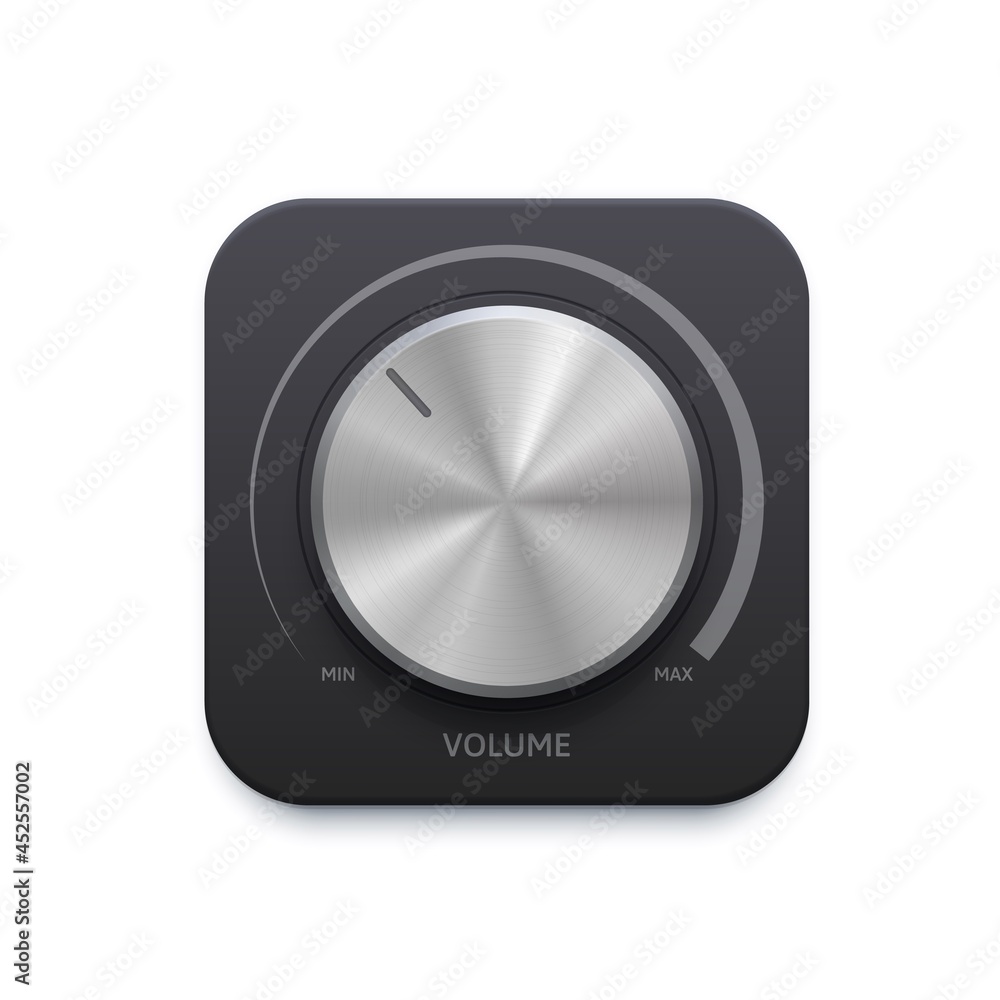 Poster Metallic music sound round knob button. Volume audio stereo system vector 3d design element for mobile application or website ui graphic. Min or max level audio player app isolated icon