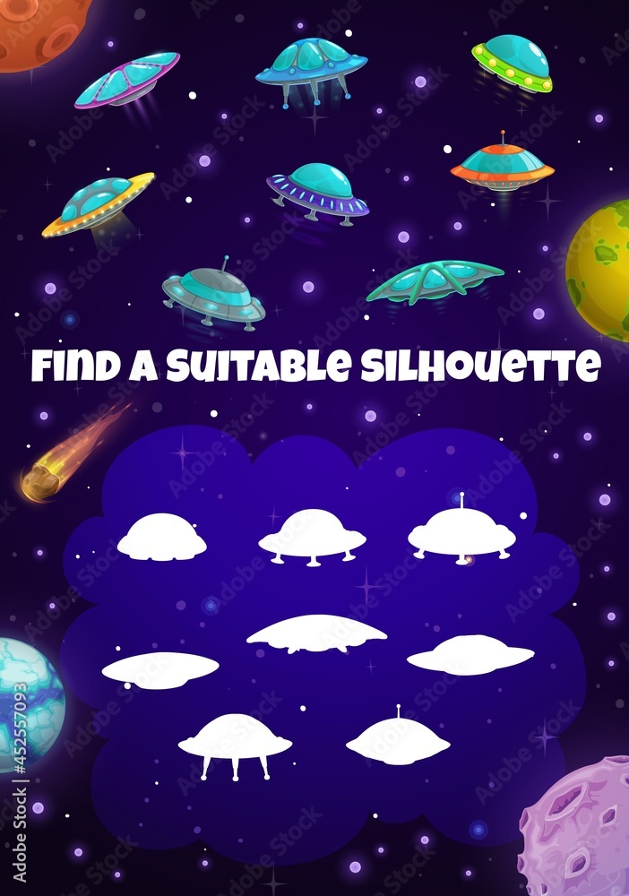 Poster kids space game with rockets silhouettes. vector riddle with spaceships, shadow match maze with rock