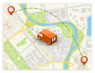 Isometric city map navigation, point markers background, app isometry drawing schema, 3D simple city plan GPS navigation, final destination arrow paper city map. Route delivery check point graphic
